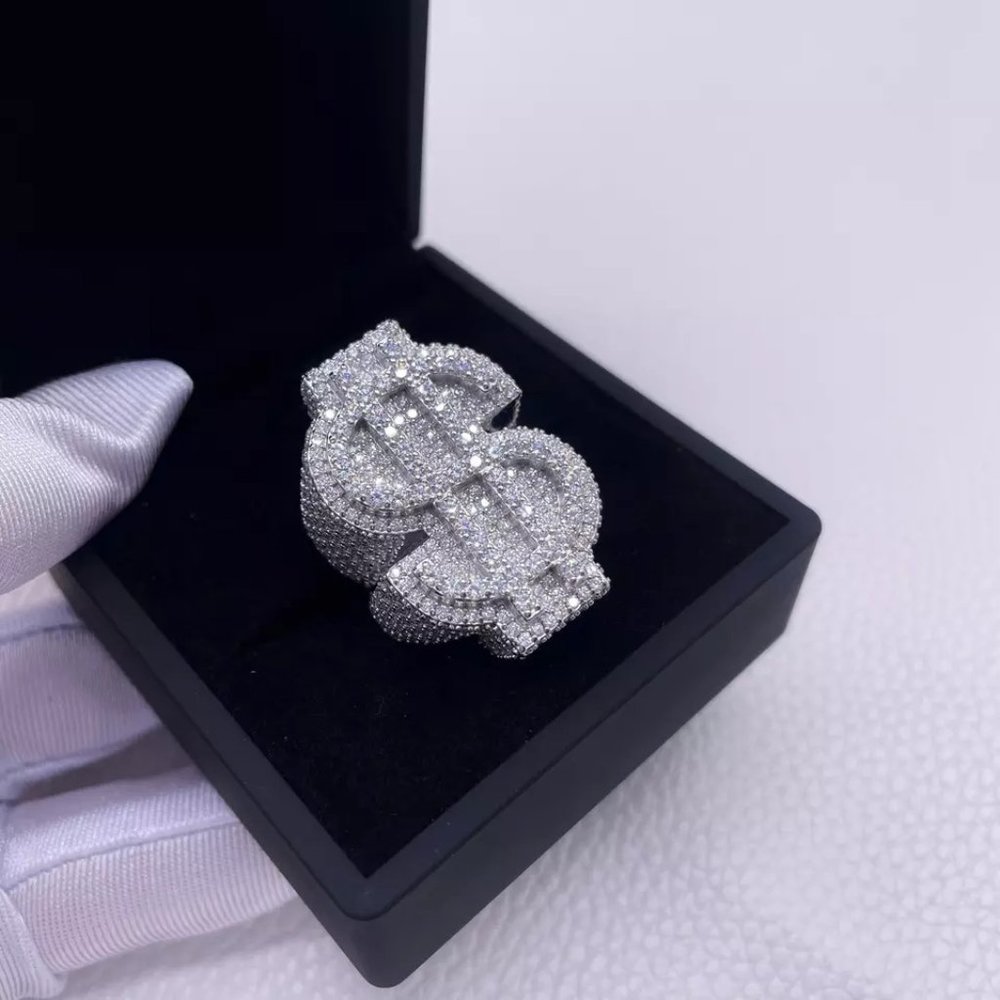 Iced Out Moissanite 925 Sterling Dollar Sign Champhionship Ring